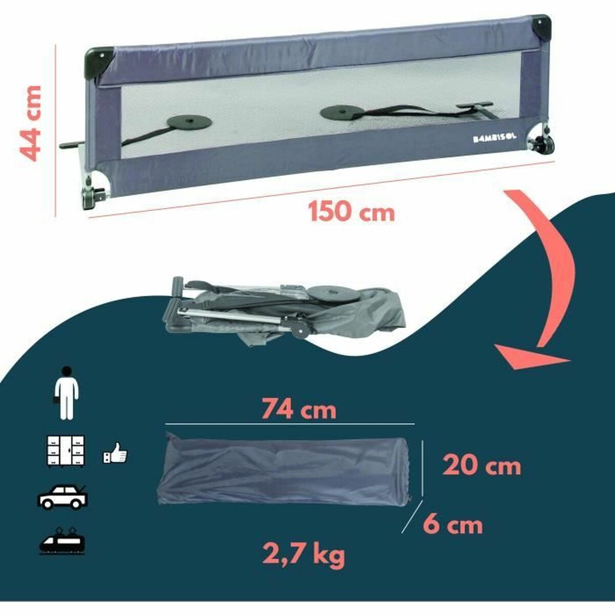 Bară de siguranță pentru pat Looping BL5003G 44 x 150 cm Gri - Bebelus, Dormitor