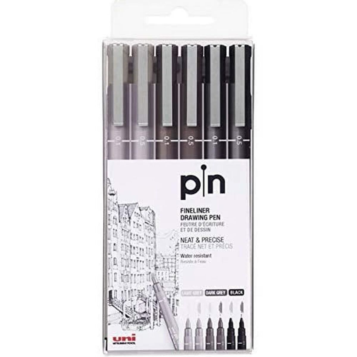 Marker permanent Uni-Ball PIN-200(S) Negru Gri Multicolor 6 Piese - Birou și papetărie, Pixuri, creioane și articole de scris