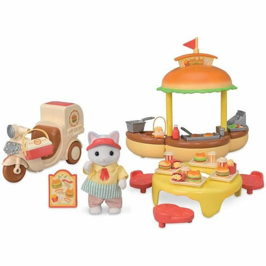 Accesorii pentru căsuțe de păpuși Sylvanian Families Puesto de hamburguesas - Papa Latte Cat y Scooter 30 Piese - Jucarii si jocuri, Păpuși și figurine