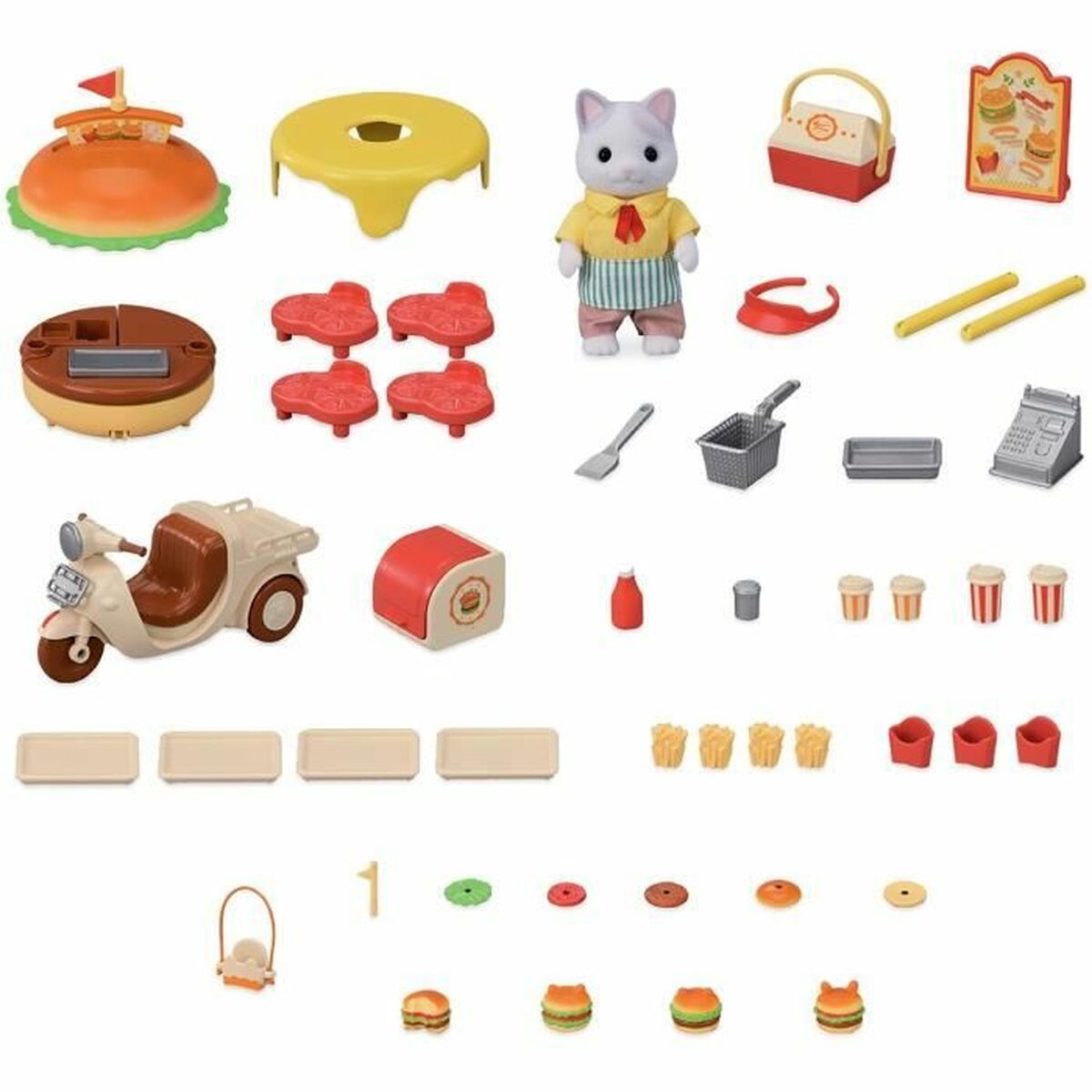 Accesorii pentru căsuțe de păpuși Sylvanian Families Puesto de hamburguesas - Papa Latte Cat y Scooter 30 Piese - Jucarii si jocuri, Păpuși și figurine