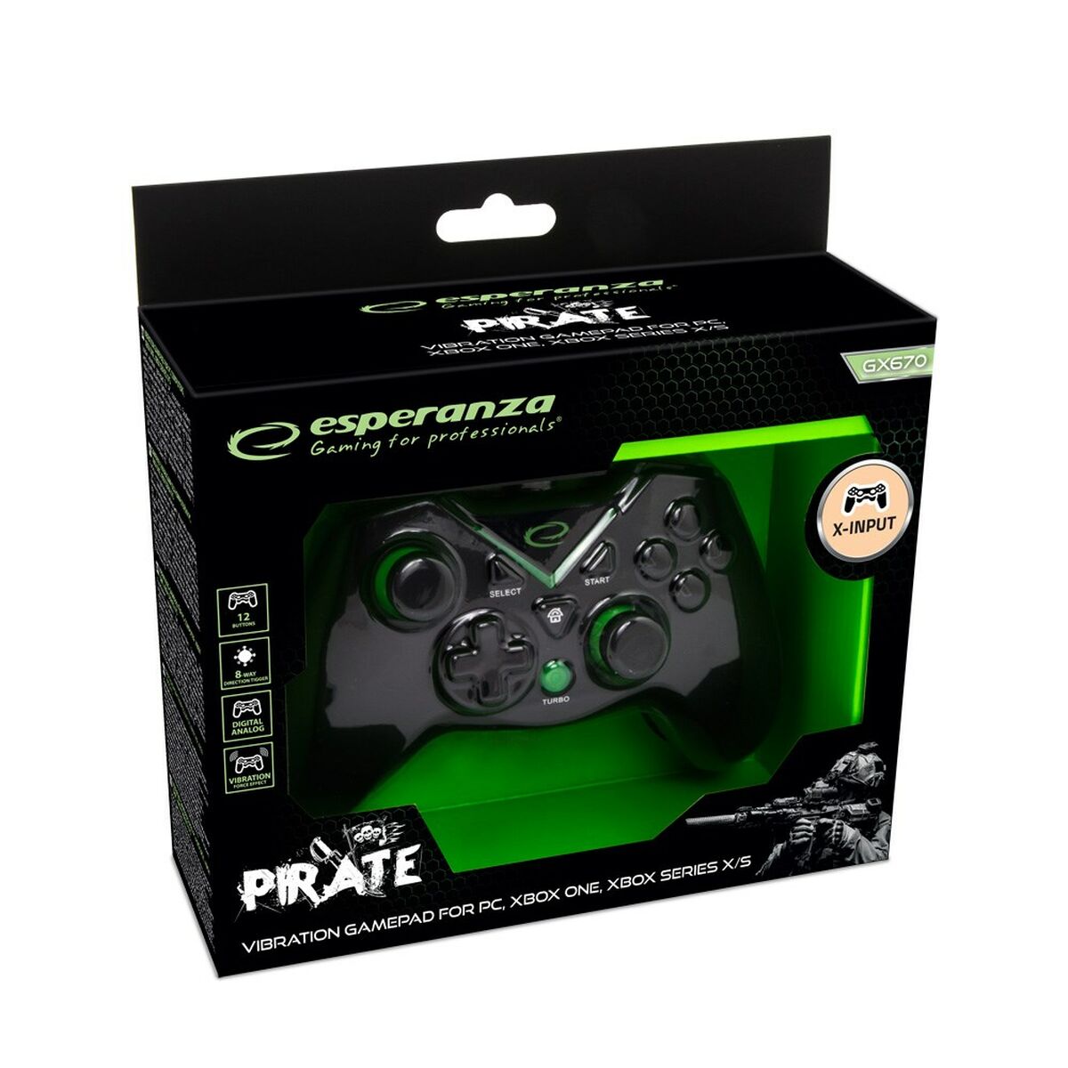 Telecomandă Jocuri Gaming Esperanza Pirate EGG114K USB 2.0 Negru Verde Microsoft Xbox One PC Xbox Series X Xbox Series S - Electronică, Joc video