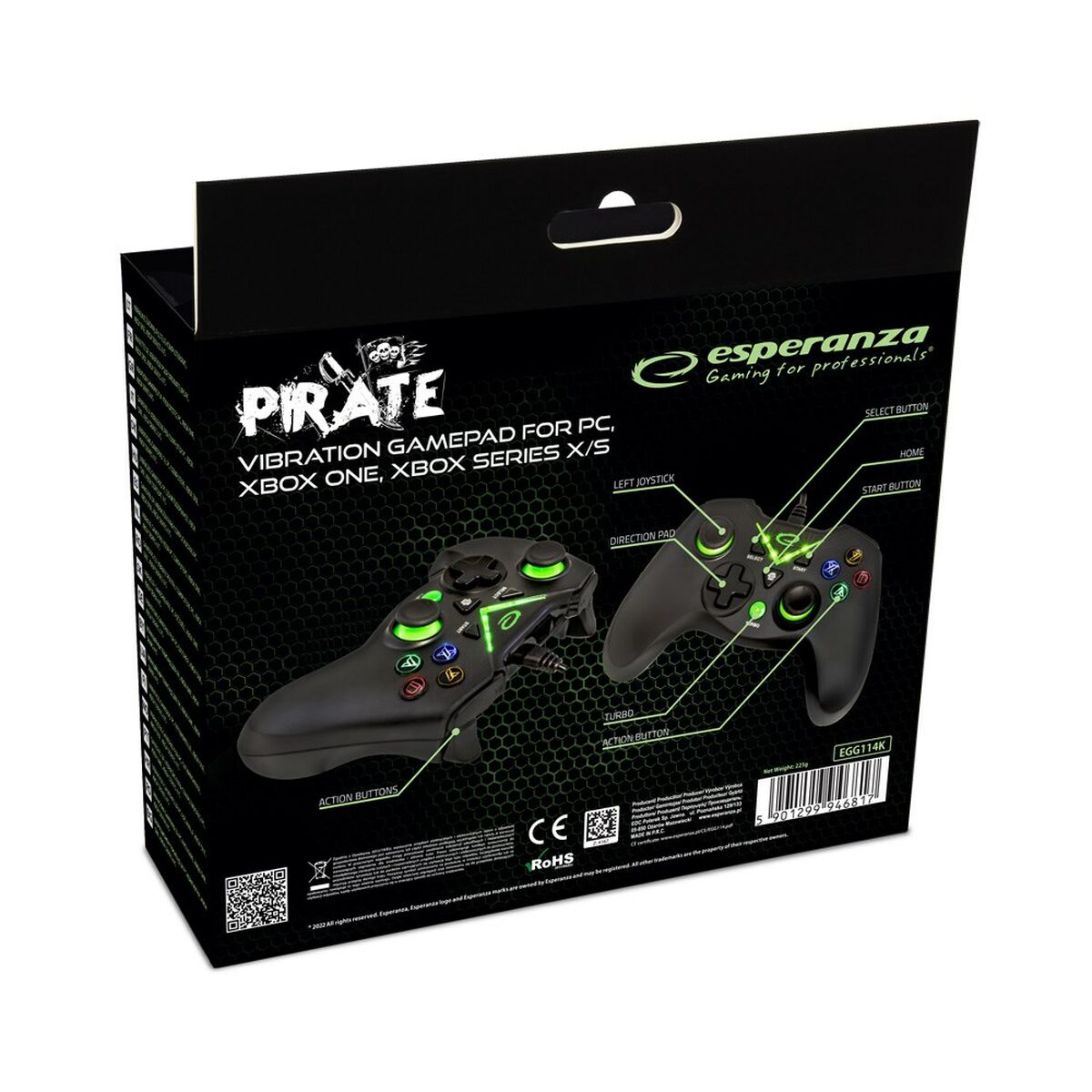 Telecomandă Jocuri Gaming Esperanza Pirate EGG114K USB 2.0 Negru Verde Microsoft Xbox One PC Xbox Series X Xbox Series S - Electronică, Joc video