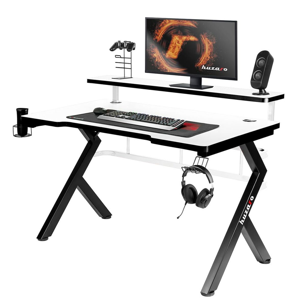 Birou Gaming Huzaro HZ-Hero 5.0 White Alb Negru Fibră de carbon 120 x 60 cm - Acasă și bucătărie, Mobilă