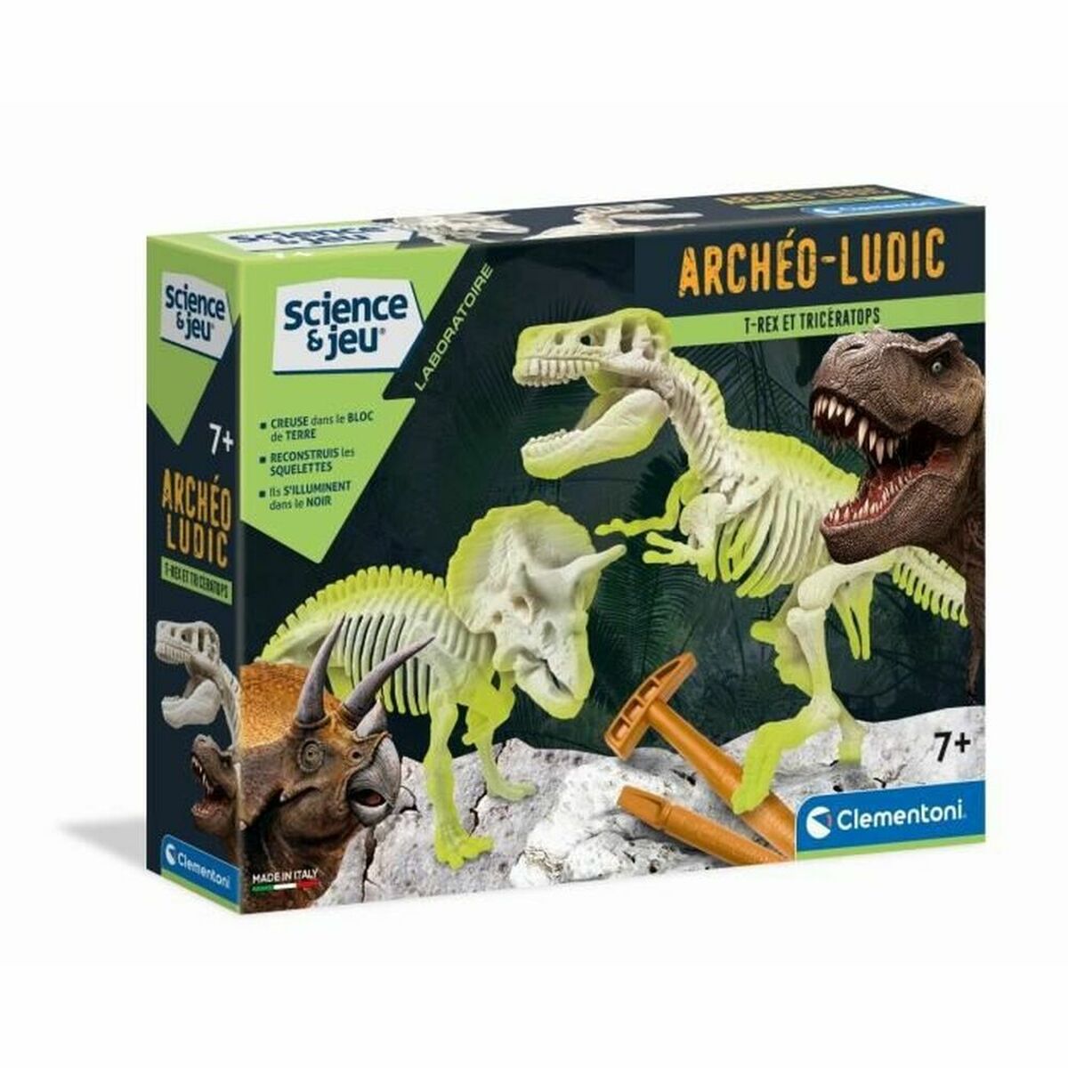 Dinozaur Clementoni Archéo Ludic - T-Rex & Triceratops Phosphorescent - Jucarii si jocuri, Învățare și educație