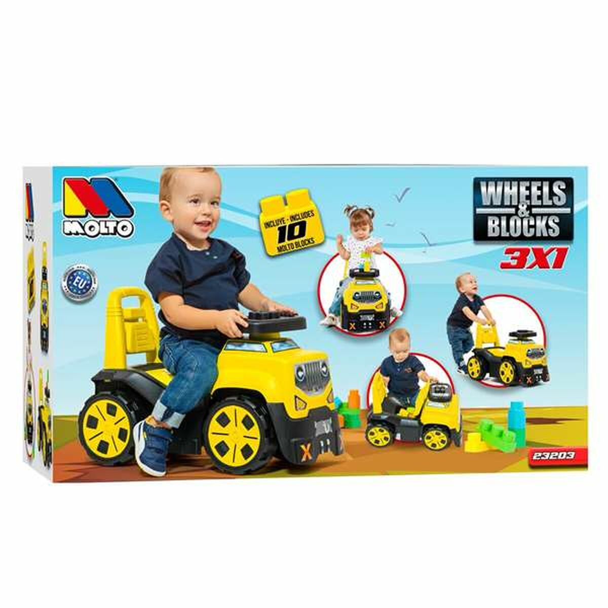 Mașină-Premergător Moltó 3x1 Wheels & Blocks Galben 89 cm 10 Piese - Jucarii si jocuri, În aer liber și sport
