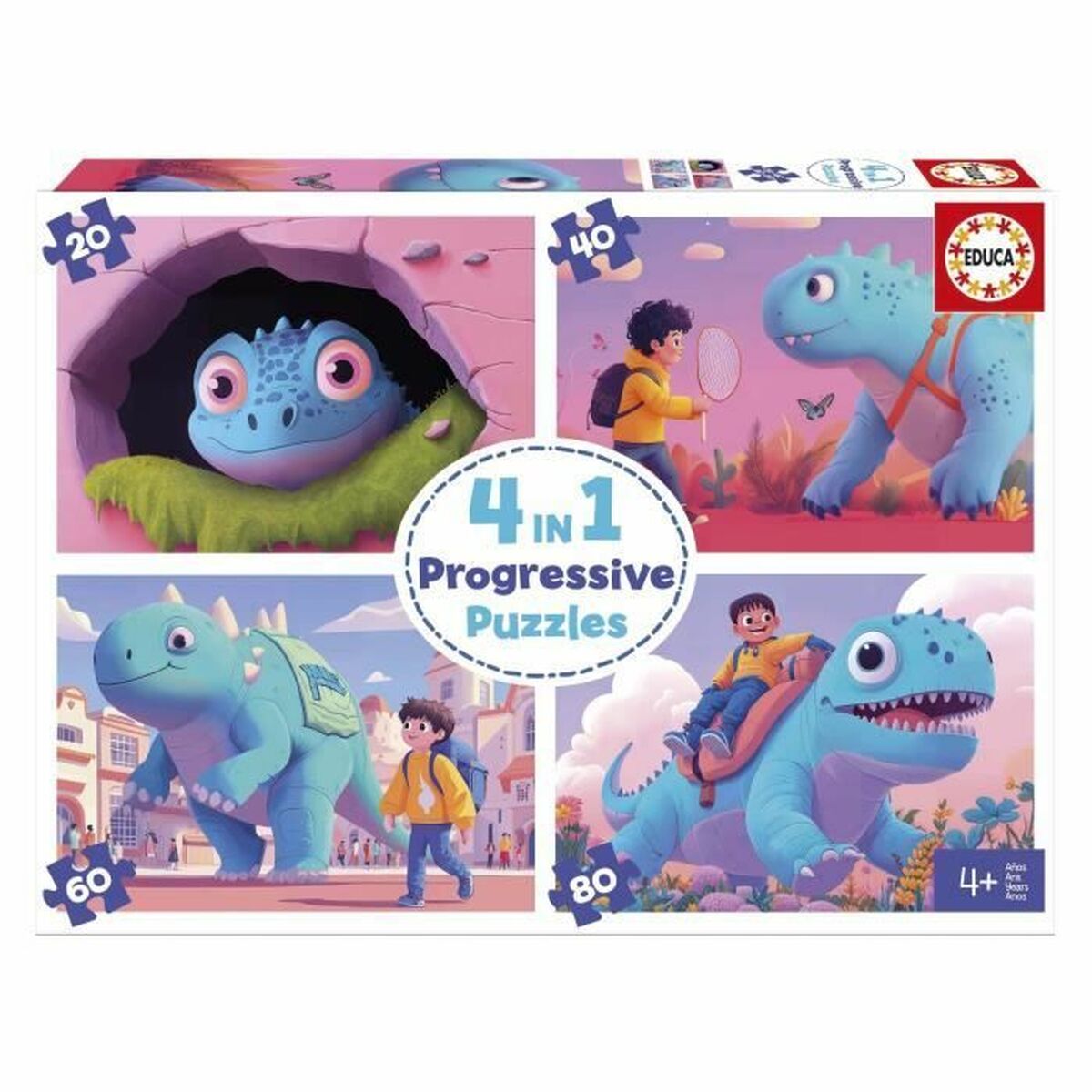 Set de 4 Puzzle-uri Educa Dinosaurios Amistosos 20 Piese 40 Piese 60 Piese 80 Piese - Jucarii si jocuri, Puzzle-uri și puzzle-uri