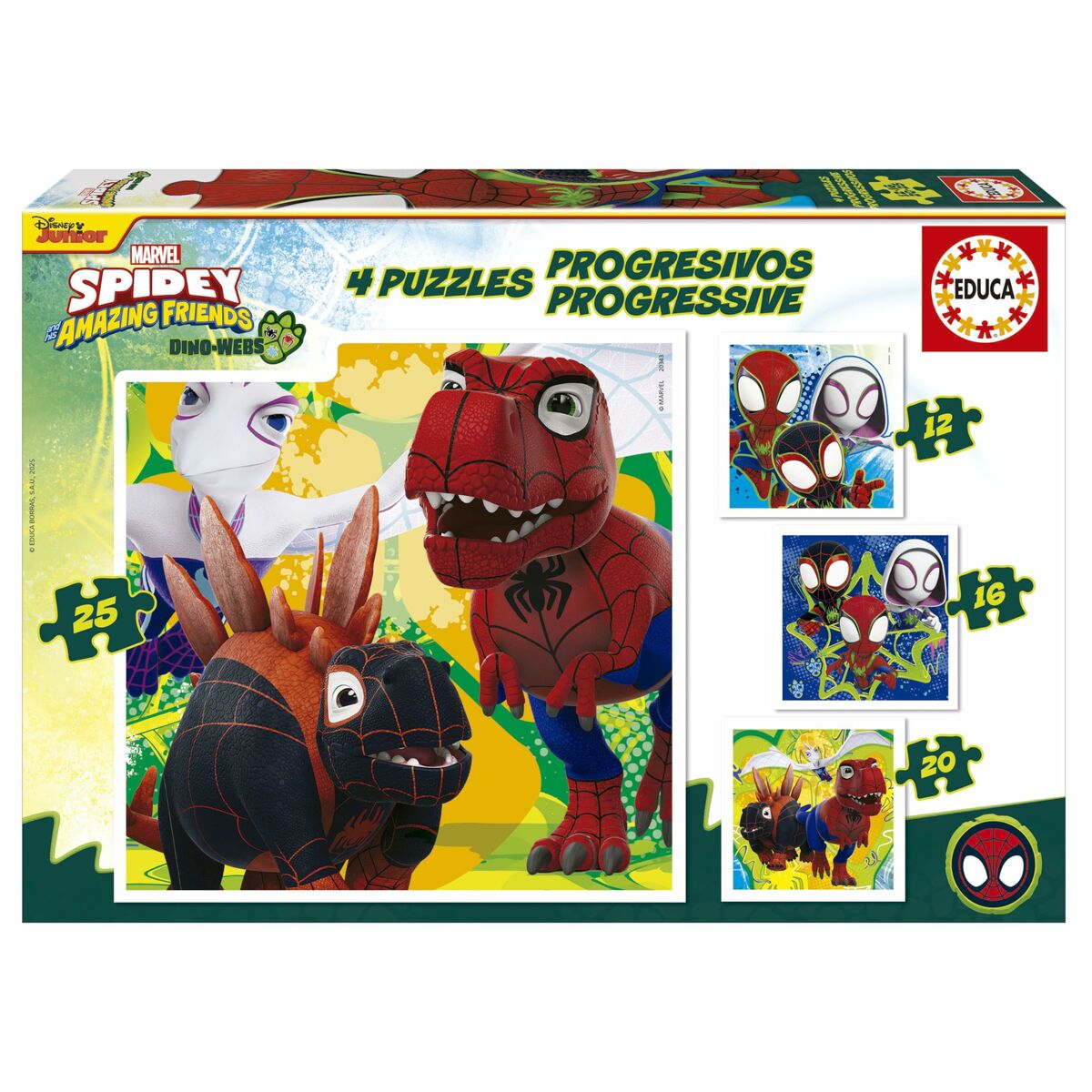 Set de 4 Puzzle-uri Educa Dino Spidey 12 Piese 16 Piese 20 Piese 25 Piese (4 Unități) - Jucarii si jocuri, Puzzle-uri și puzzle-uri