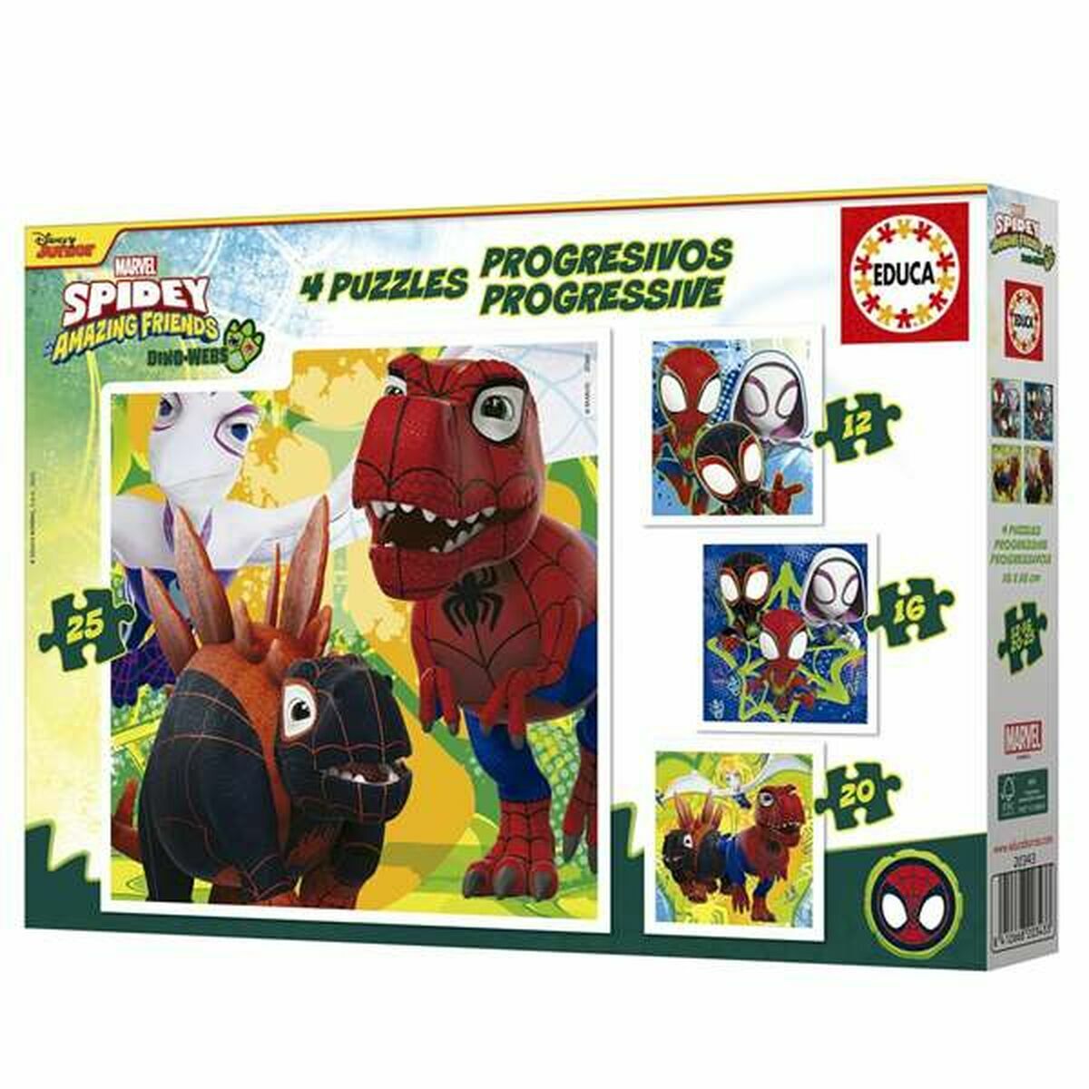 Set de 4 Puzzle-uri Educa Dino Spidey 12 Piese 16 Piese 20 Piese 25 Piese (4 Unități) - Jucarii si jocuri, Puzzle-uri și puzzle-uri