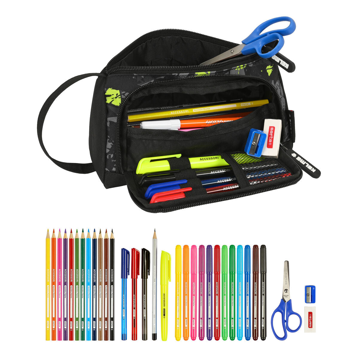 Penar cu Accesorii Kelme Jungle Negru Gri Lămâie verde 20 x 11 x 8.5 cm (32 Piese) - Birou și papetărie, Material școlar și educațional