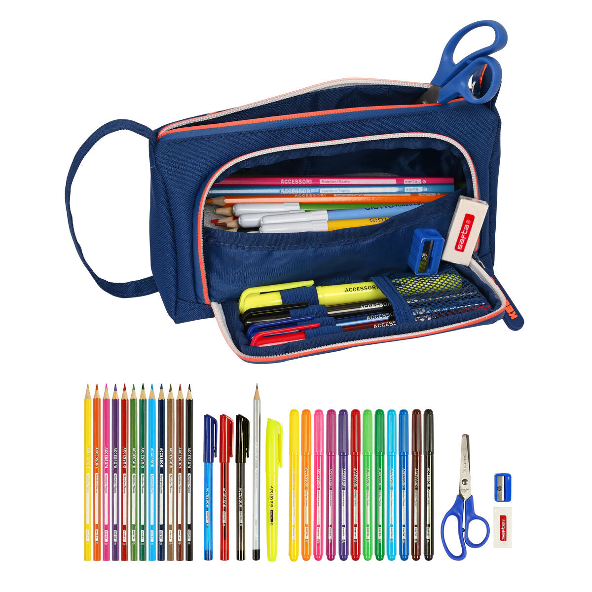 Penar cu Accesorii Kelme Navy blue Portocaliu Bleumarin 20 x 11 x 8.5 cm (32 Piese) - Birou și papetărie, Material școlar și educațional