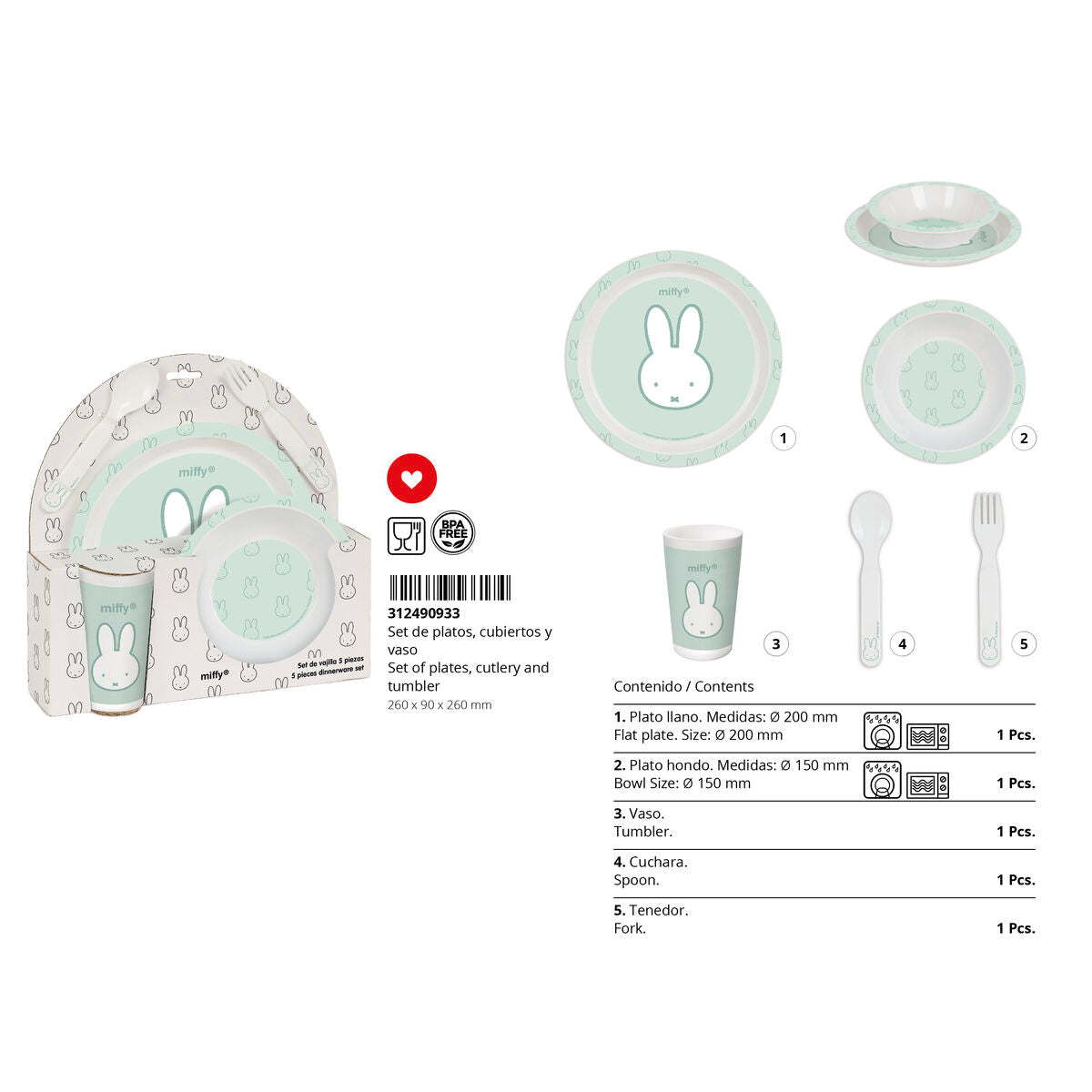 Set de veselă pentru copii Miffy Menta (5 Piese) - Acasă și bucătărie, Tacâmuri, veselă și sticlărie