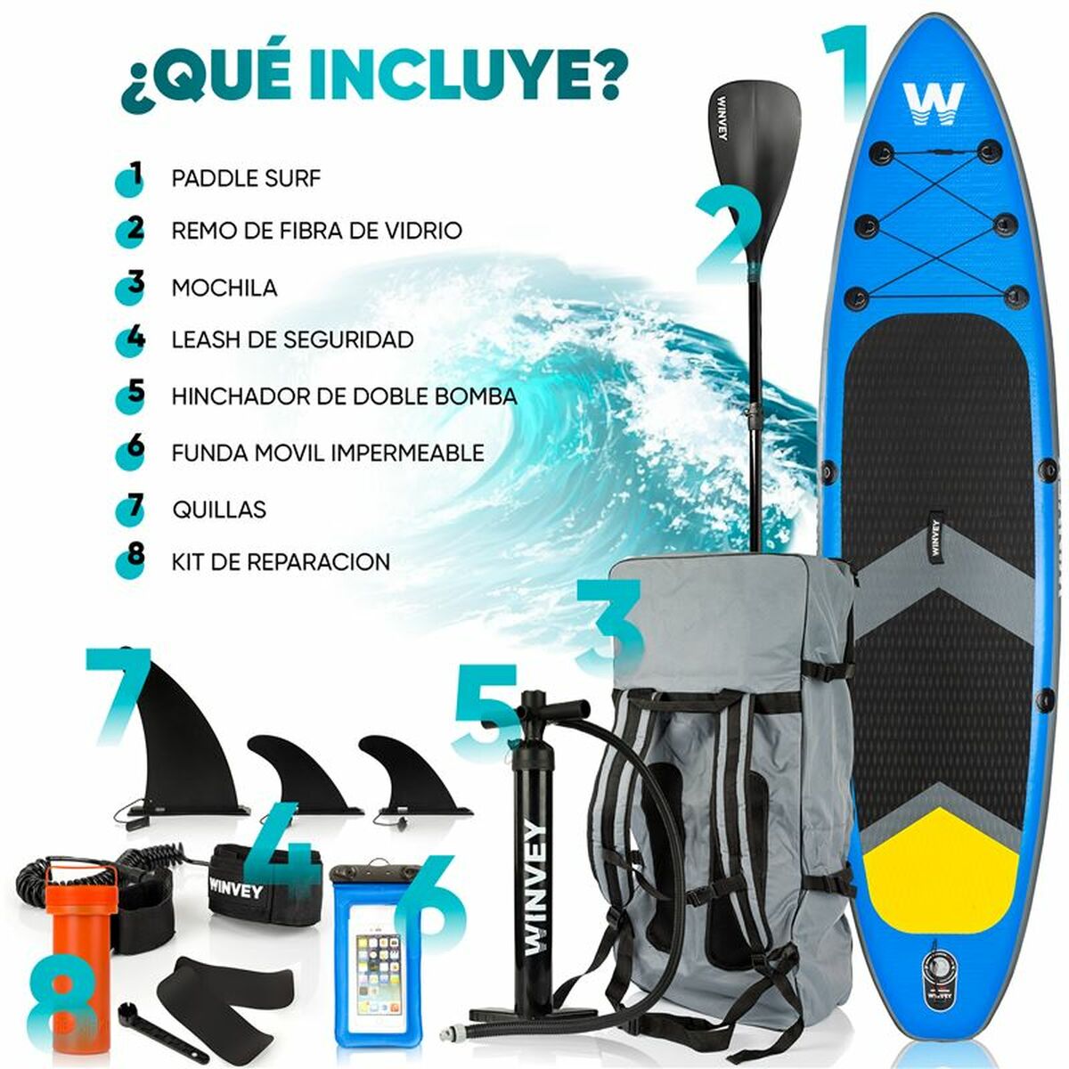 Placă gonflabilă de paddle surf cu accesorii Winvey SUP-B Albastru - Sport și în aer liber, Sporturi acvatice