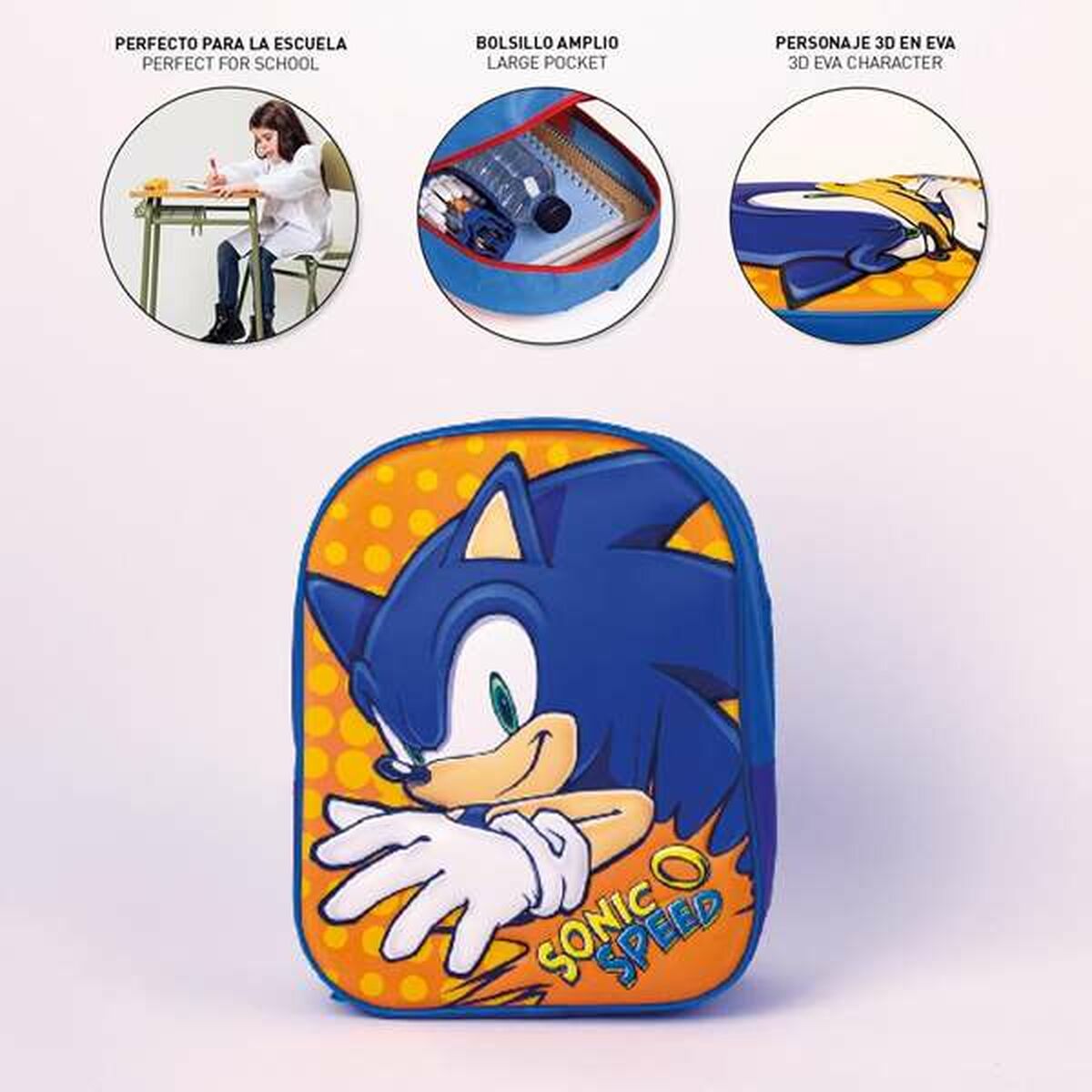 Ghiozdan 3D Sonic Albastru 25 x 31 x 9 cm Portocaliu - Birou și papetărie, Material școlar și educațional