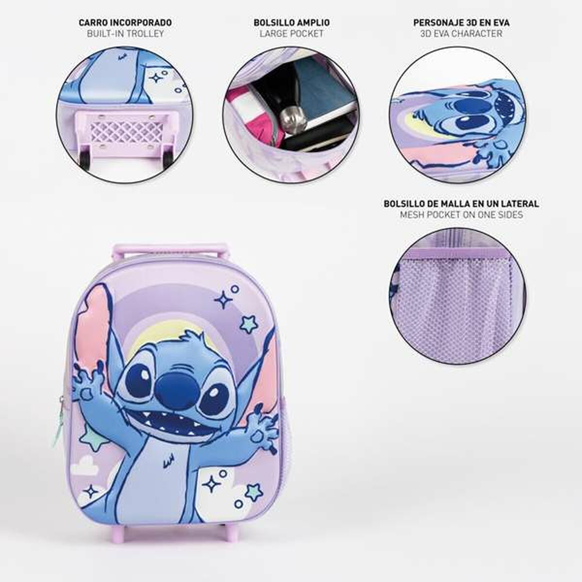 Ghiozdan 3D cu Roți Stitch Liliachiu 25,0 x 31,0 x 10,0 cm - Birou și papetărie, Material școlar și educațional