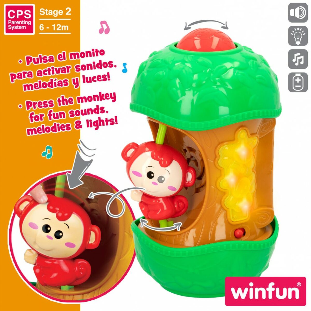 Jucărie interactivă pentru bebeluși Winfun Maimuță 11,5 x 20,5 x 11,5 cm (6 Unități) - Bebelus, Jucăriile copilăriei timpurii