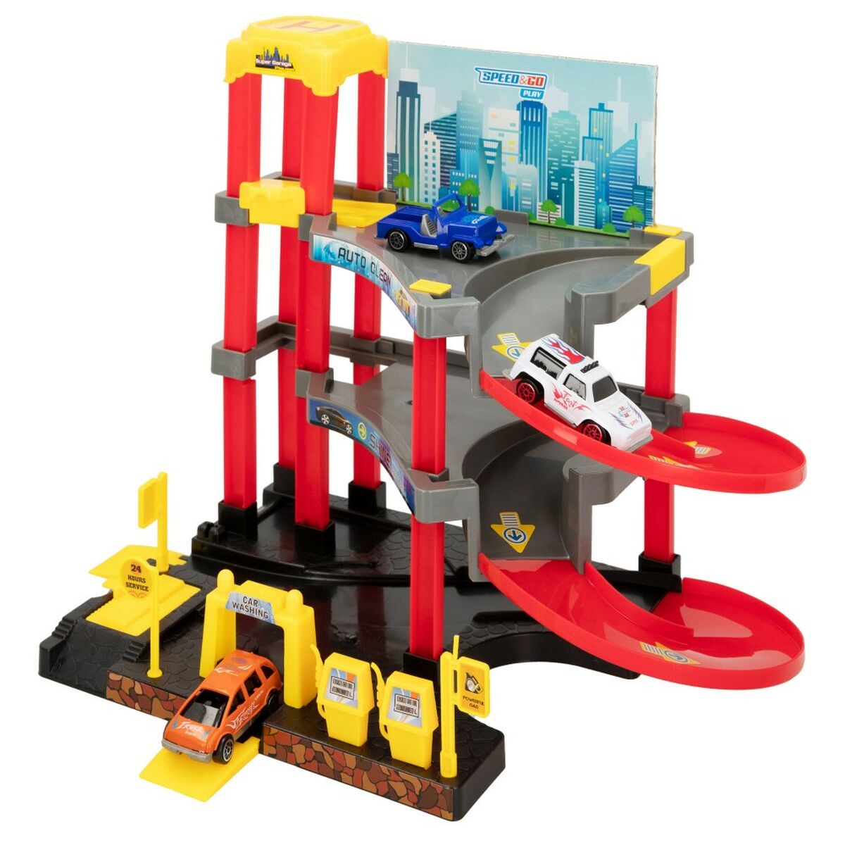 Garaj Parking cu Vehicule Speed & Go 37 x 29 x 25 cm (4 Unități) - Jucarii si jocuri, Păpuși și figurine