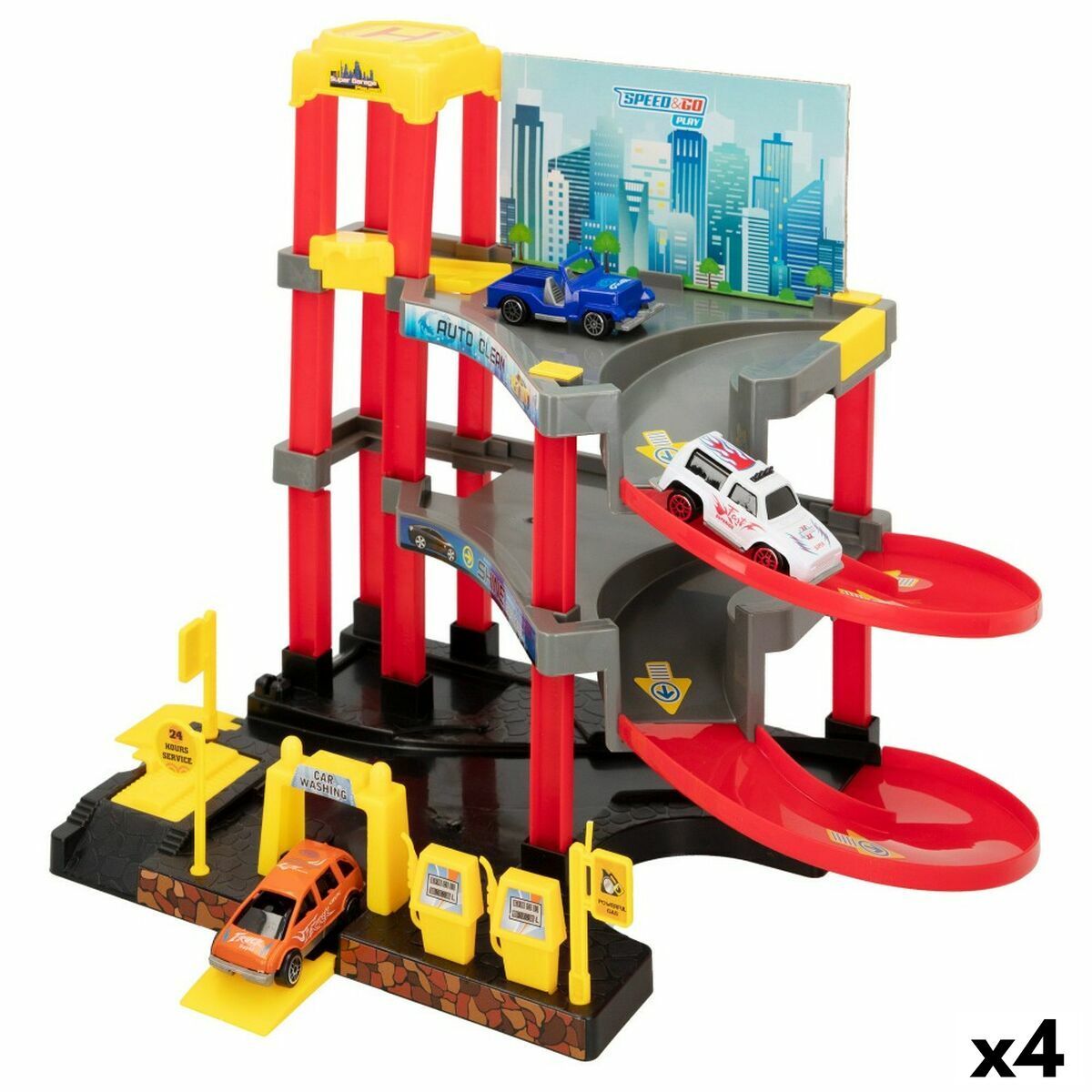 Garaj Parking cu Vehicule Speed & Go 37 x 29 x 25 cm (4 Unități) - Jucarii si jocuri, Păpuși și figurine