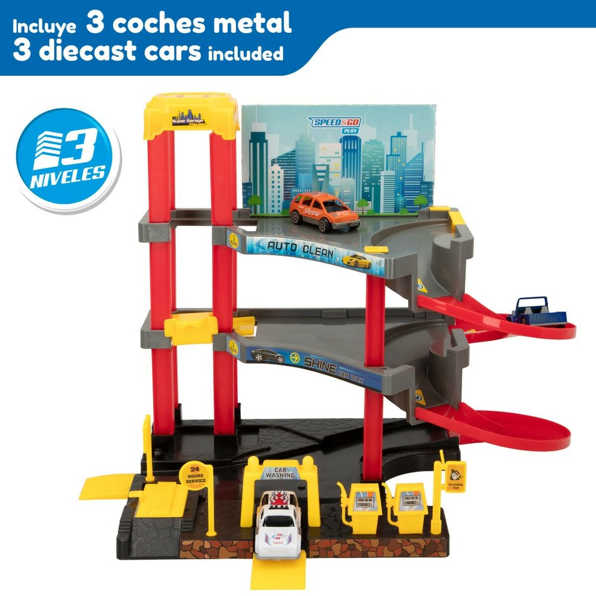 Garaj Parking cu Vehicule Speed & Go 37 x 29 x 25 cm (4 Unități) - Jucarii si jocuri, Păpuși și figurine