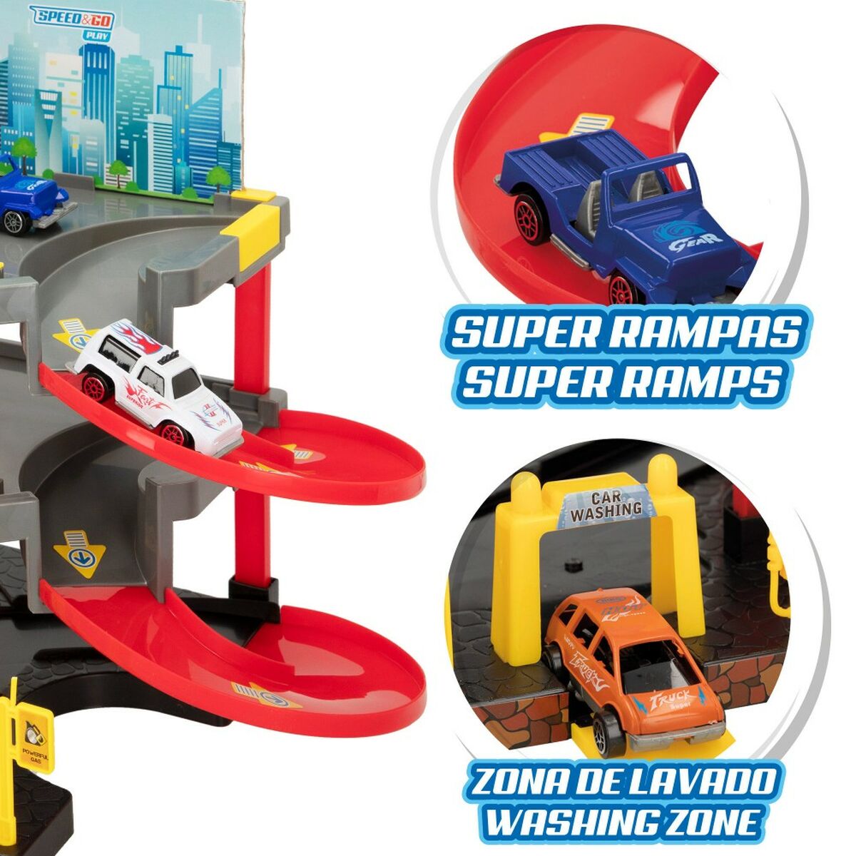 Garaj Parking cu Vehicule Speed & Go 37 x 29 x 25 cm (4 Unități) - Jucarii si jocuri, Păpuși și figurine