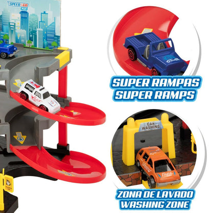 Garaj Parking cu Vehicule Speed & Go 37 x 29 x 25 cm (4 Unități) - Jucarii si jocuri, Păpuși și figurine