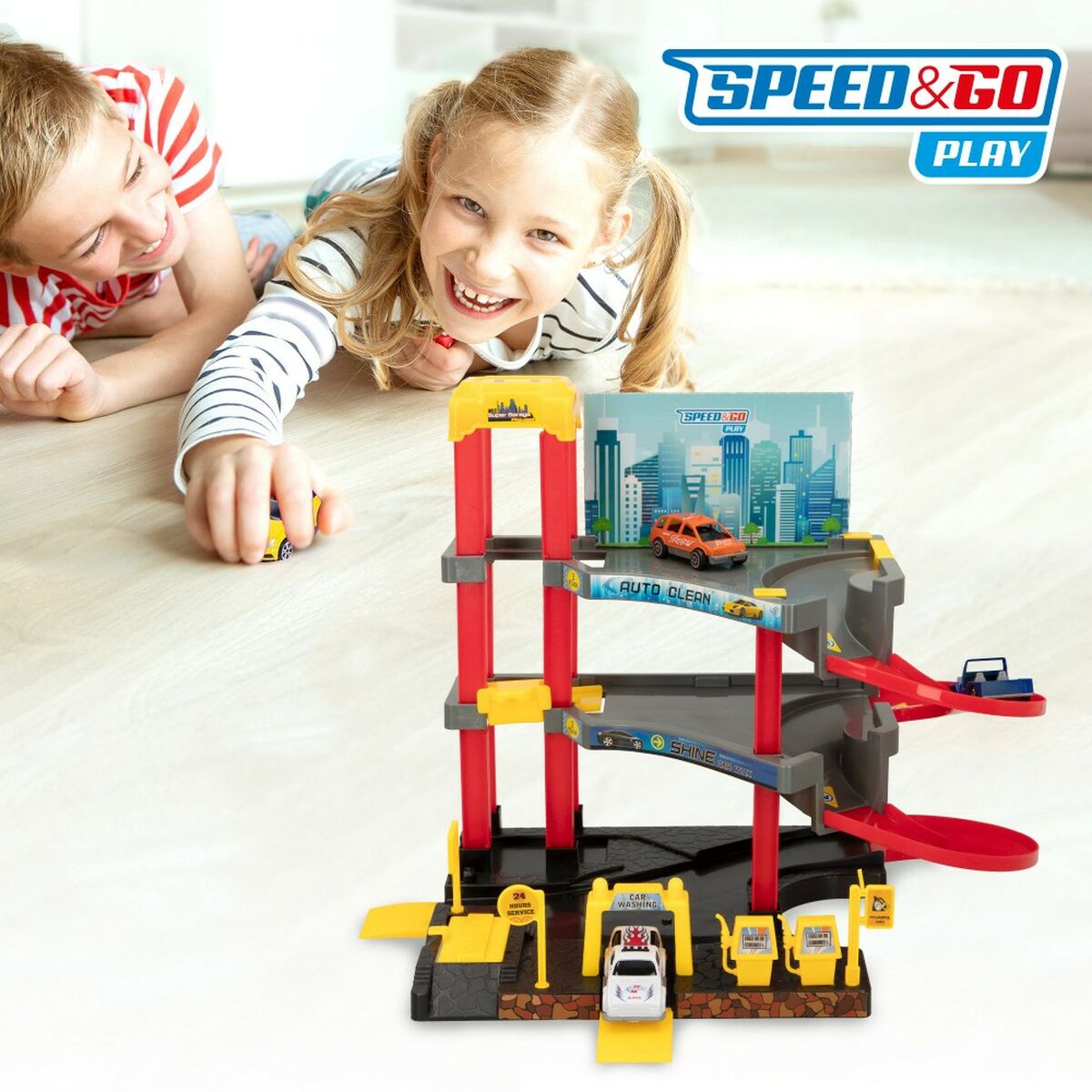 Garaj Parking cu Vehicule Speed & Go 37 x 29 x 25 cm (4 Unități) - Jucarii si jocuri, Păpuși și figurine