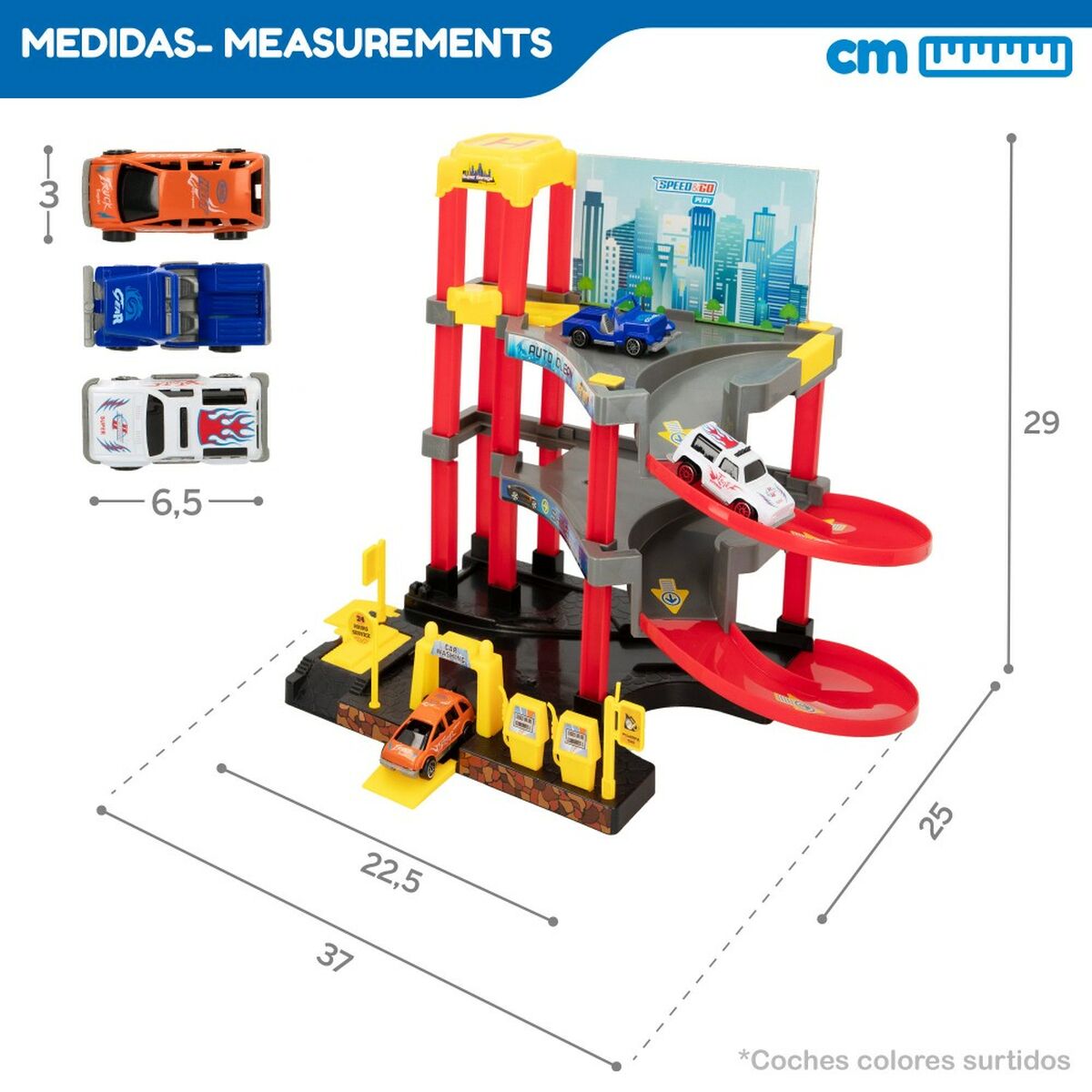 Garaj Parking cu Vehicule Speed & Go 37 x 29 x 25 cm (4 Unități) - Jucarii si jocuri, Păpuși și figurine