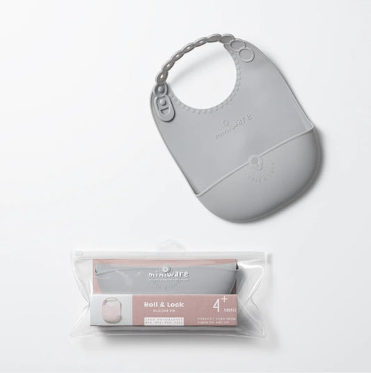 Baveta bebelusi Miniware Roll & Lock, 100% din silicon alimentar, Grey -