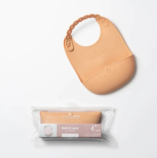 Baveta bebelusi Miniware Roll & Lock, 100% din silicon alimentar, Toffee -