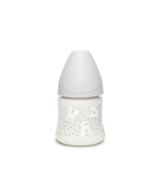 Biberon 150 ml cu tetină rotundă din silicon, debit lent, iepuraș gri Hygge Suavinex