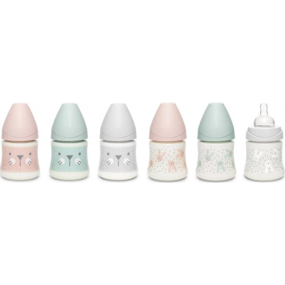 Biberon 150 ml cu tetină rotundă din silicon, debit lent, iepuraș gri Hygge Suavinex