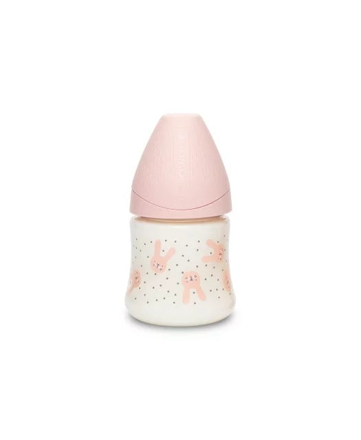 Biberon 150 ml cu tetină rotundă din silicon, debit lent, iepuraș roz Hygge Suavinex