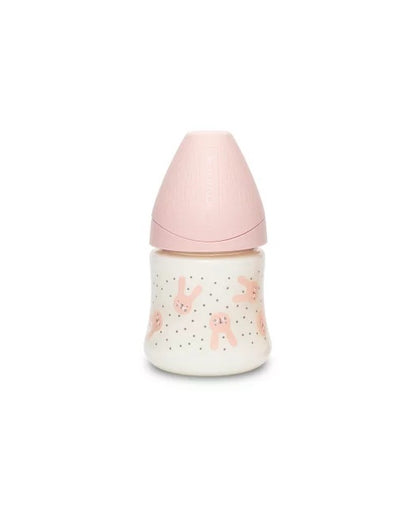 Biberon 150 ml cu tetină rotundă din silicon, debit lent, iepuraș roz Hygge Suavinex