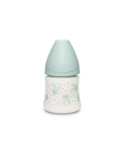 Biberon 150 ml cu tetină rotundă din silicon, debit lent, iepuraș verde Hygge Suavinex