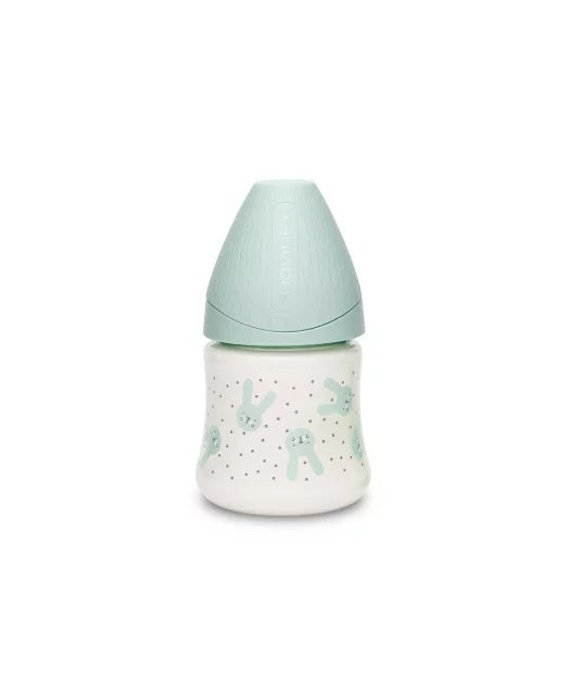 Biberon 150 ml cu tetină rotundă din silicon, debit lent, iepuraș verde Hygge Suavinex