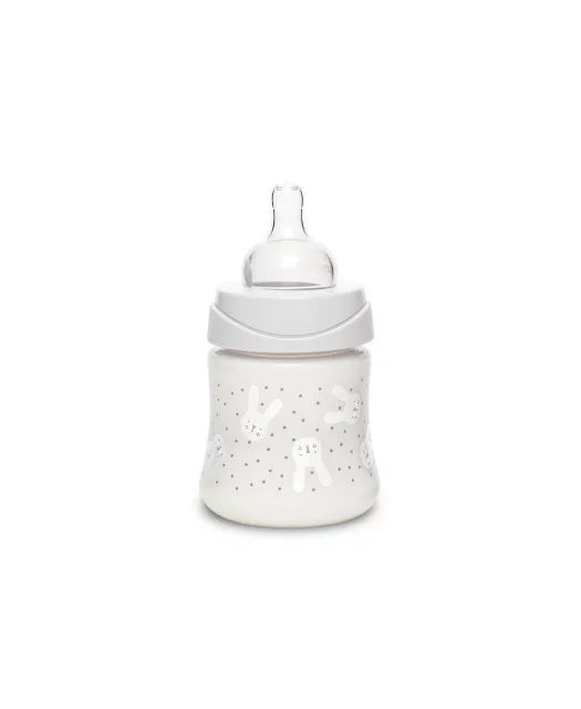 Biberon 150 ml cu tetină rotundă din silicon, debit lent, iepuraș verde Hygge Suavinex