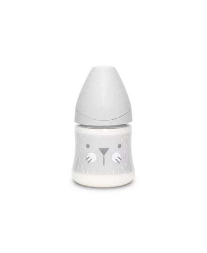 Biberon 150 ml cu tetină rotundă din silicon, debit lent, pisică gri Hygge Suavinex