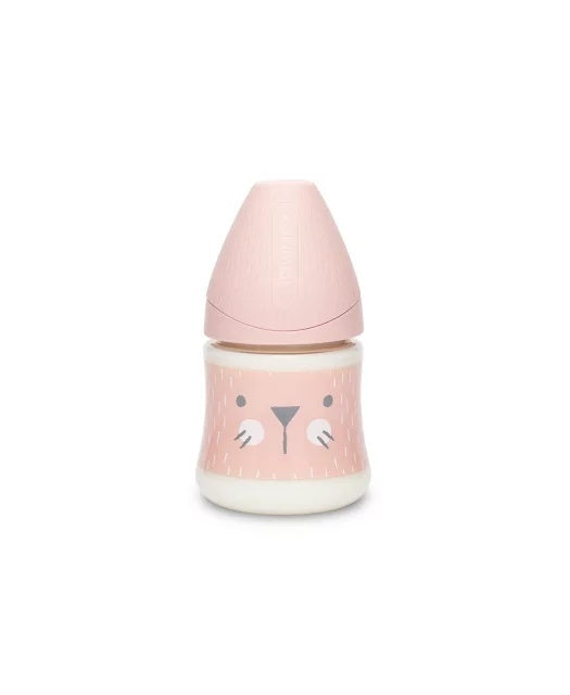 Biberon 150 ml cu tetină rotundă din silicon, debit lent, pisică roz Hygge Suavinex