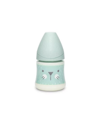 Biberon 150 ml cu tetină rotundă din silicon, debit lent, pisică verde Hygge Suavinex