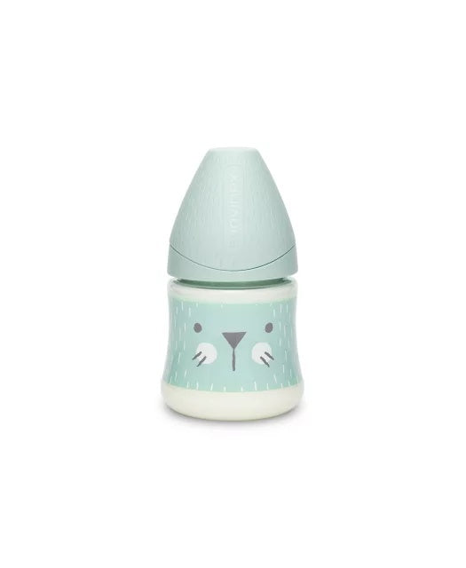 Biberon 150 ml cu tetină rotundă din silicon, debit lent, pisică verde Hygge Suavinex