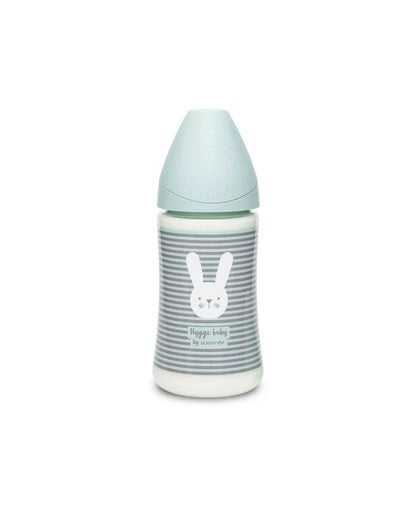 Biberon 270 ml cu tetină rotundă din silicon, 3 fluxuri, iepuraș cu linii verzi, Hygge Suavinex