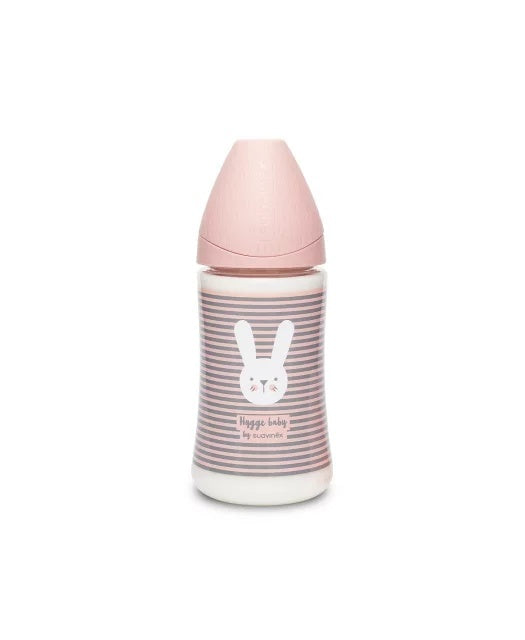 Biberon 270 ml cu tetină rotundă din silicon, 3 fluxuri, iepuraș cu linii roz, Hygge Suavinex