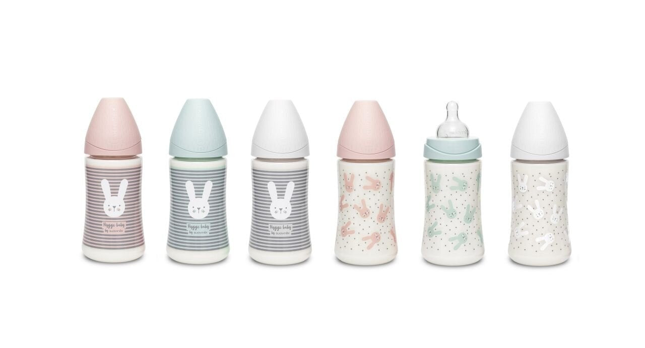 Biberon 270 ml cu tetină rotundă din silicon, 3 fluxuri, iepuraș cu linii roz, Hygge Suavinex
