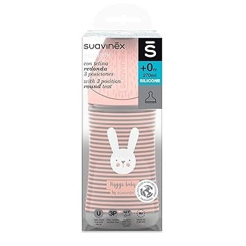 Biberon 270 ml cu tetină rotundă din silicon, 3 fluxuri, iepuraș cu linii roz, Hygge Suavinex