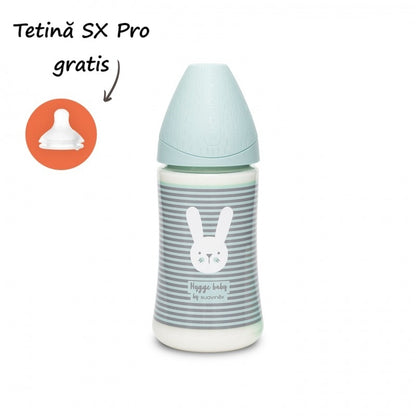 Biberon 270 ml cu tetină rotundă din silicon, 3 fluxuri, iepuraș cu linii verzi, Hygge Suavinex