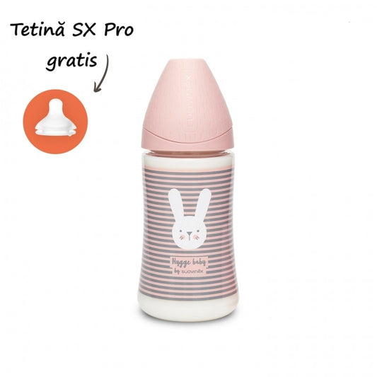Biberon 270 ml cu tetină rotundă din silicon, 3 fluxuri, iepuraș cu linii roz, Hygge Suavinex