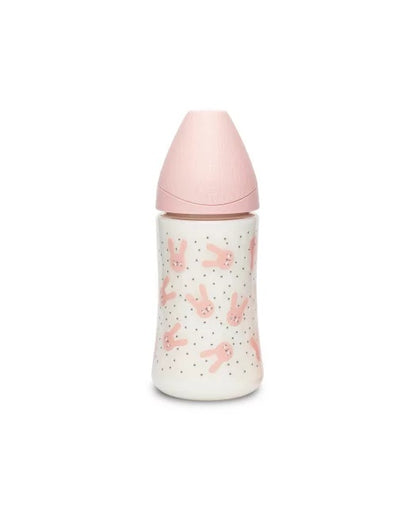 Biberon 270 ml cu tetină rotundă din silicon, 3 fluxuri, iepuraș roz Hygge Suavinex