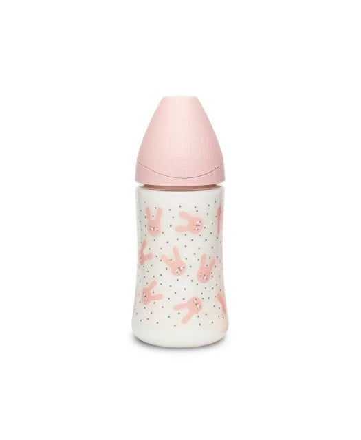 Biberon 270 ml cu tetină rotundă din silicon, 3 fluxuri, iepuraș roz Hygge Suavinex