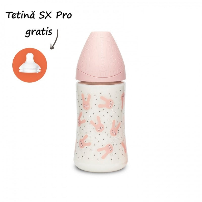 Biberon 270 ml cu tetină rotundă din silicon, 3 fluxuri, iepuraș roz Hygge Suavinex