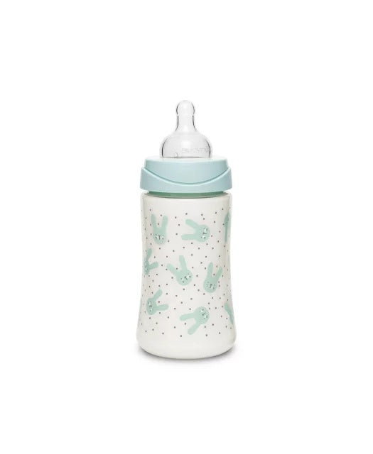 Biberon 270 ml cu tetină rotundă din silicon, 3 fluxuri, iepuraș verde Hygge Suavinex