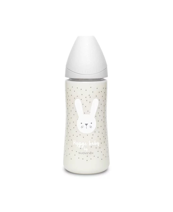 Biberon 360 ml cu tetină rotundă din silicon, debit dens, iepuraș gri Hygge Suavinex
